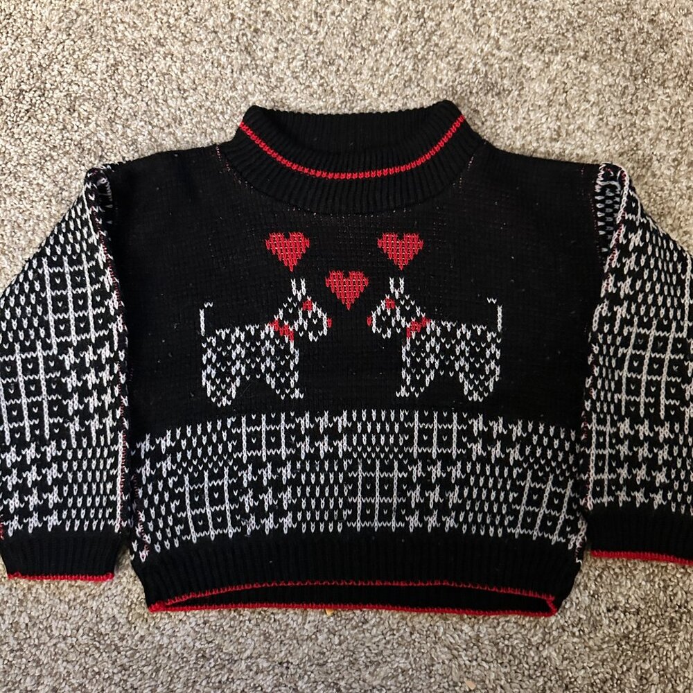 Vintage 80s Toddler Size 2T ACRYLIC SCOTTIES SWEATER hearts black white red